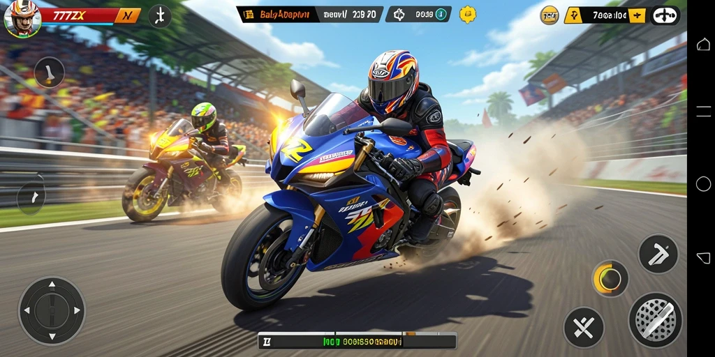 Tampilan gameplay 777ZX yang mendebarkan saat balapan motor.