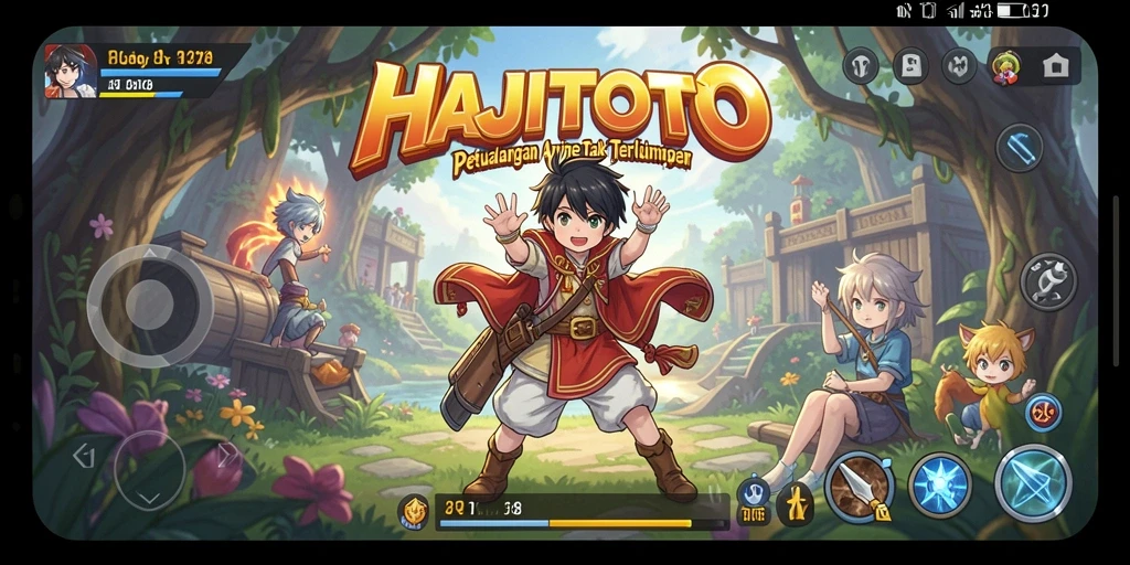 Screenshot gameplay HAJITOTO dengan karakter anime yang menarik.