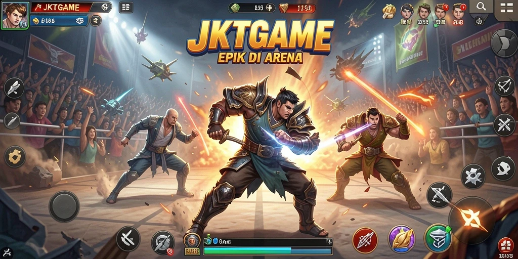 Tampilan gameplay JKTGAME yang intens dalam pertarungan di arena.