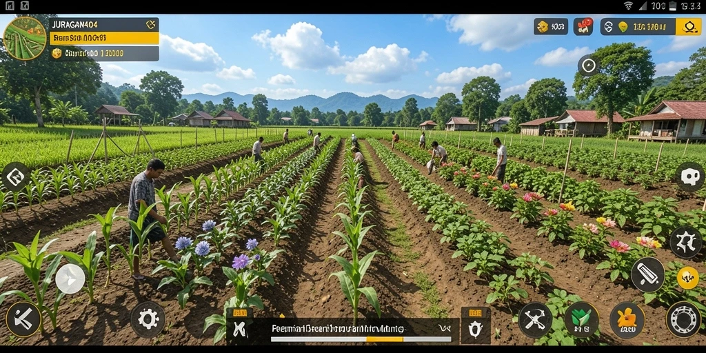 Menampilkan gameplay JURAGAN404 yang menarik dengan suasana pertanian.