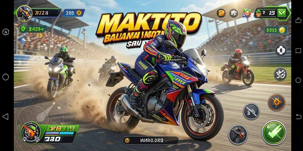 Tangkapan layar utama MAKTOTO menunjukkan gameplay balapan motor yang intens.