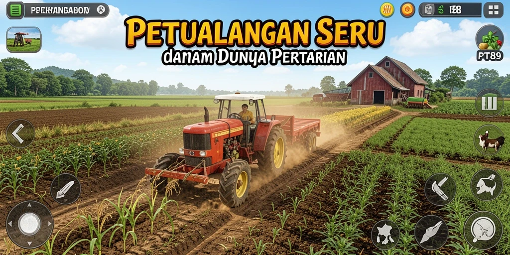 Gameplay PT89 menampilkan suasana pertanian yang hidup dan interaktif.